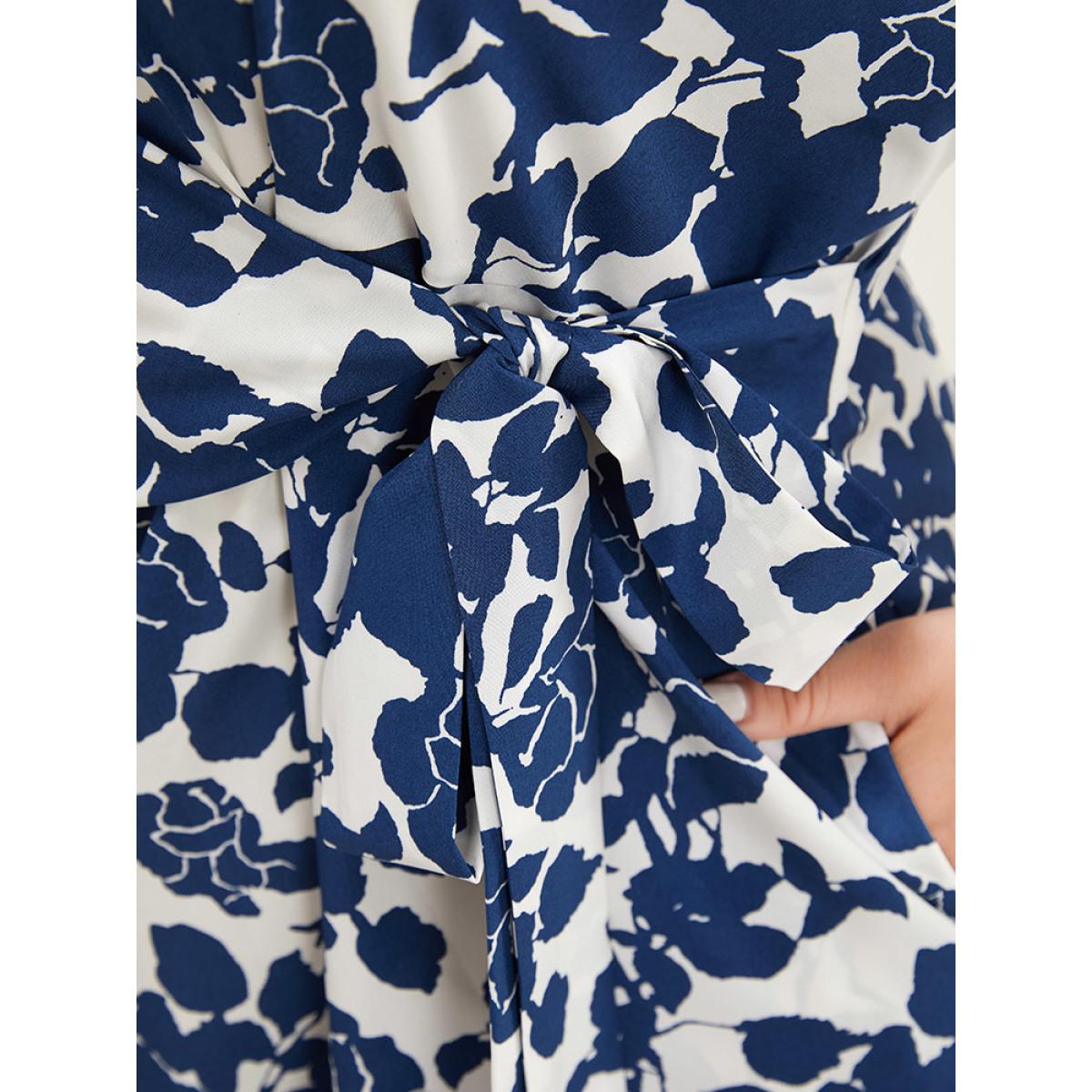 Plus Size Floral Print Batwing Sleeve Pocket Knot Side Dress Blue Women Elegant Knotted Round Neck Half Sleeve Curvy Short Dress BloomChic 14-16/1X Product Image