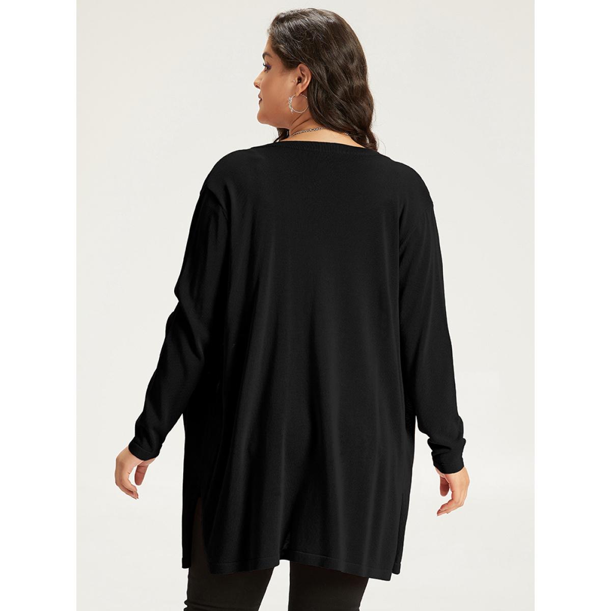 Plus Size Halloween Cat Print Split Side Patched Pocket Cardigan Black Women Casual Loose Long Sleeve Festival-Halloween Cardigans BloomChic 14-16/1X Product Image