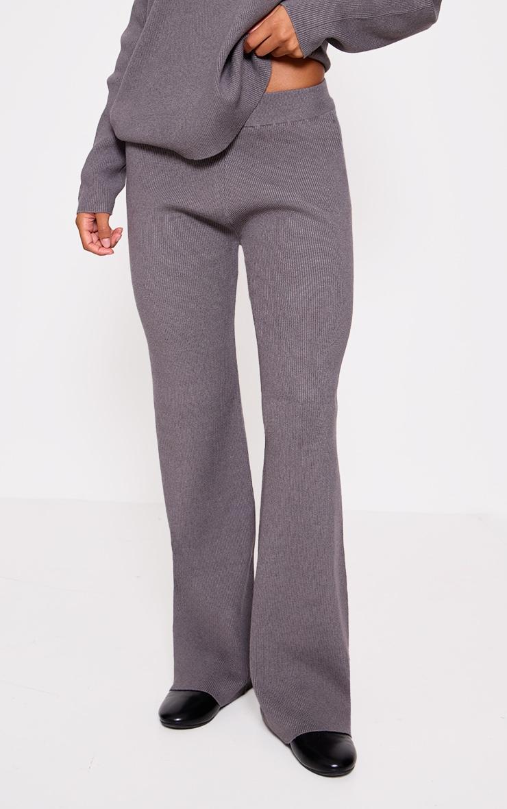 Grey Light Rib Knit Wide Leg Pants Product Image