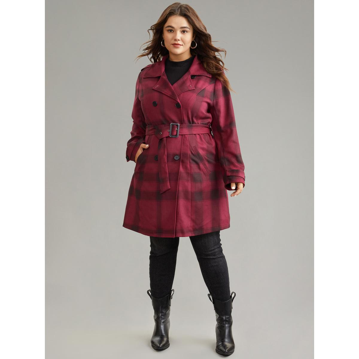 Plus Size Lapel Collar Plaid Belted Double Breasted Coat Women Scarlet Elegant Lined Ladies Dailywear Winter Coats BloomChic 10/M Product Image