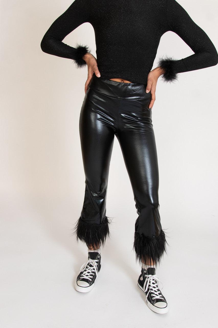 Metallic Fur Trim Flare Pants Product Image