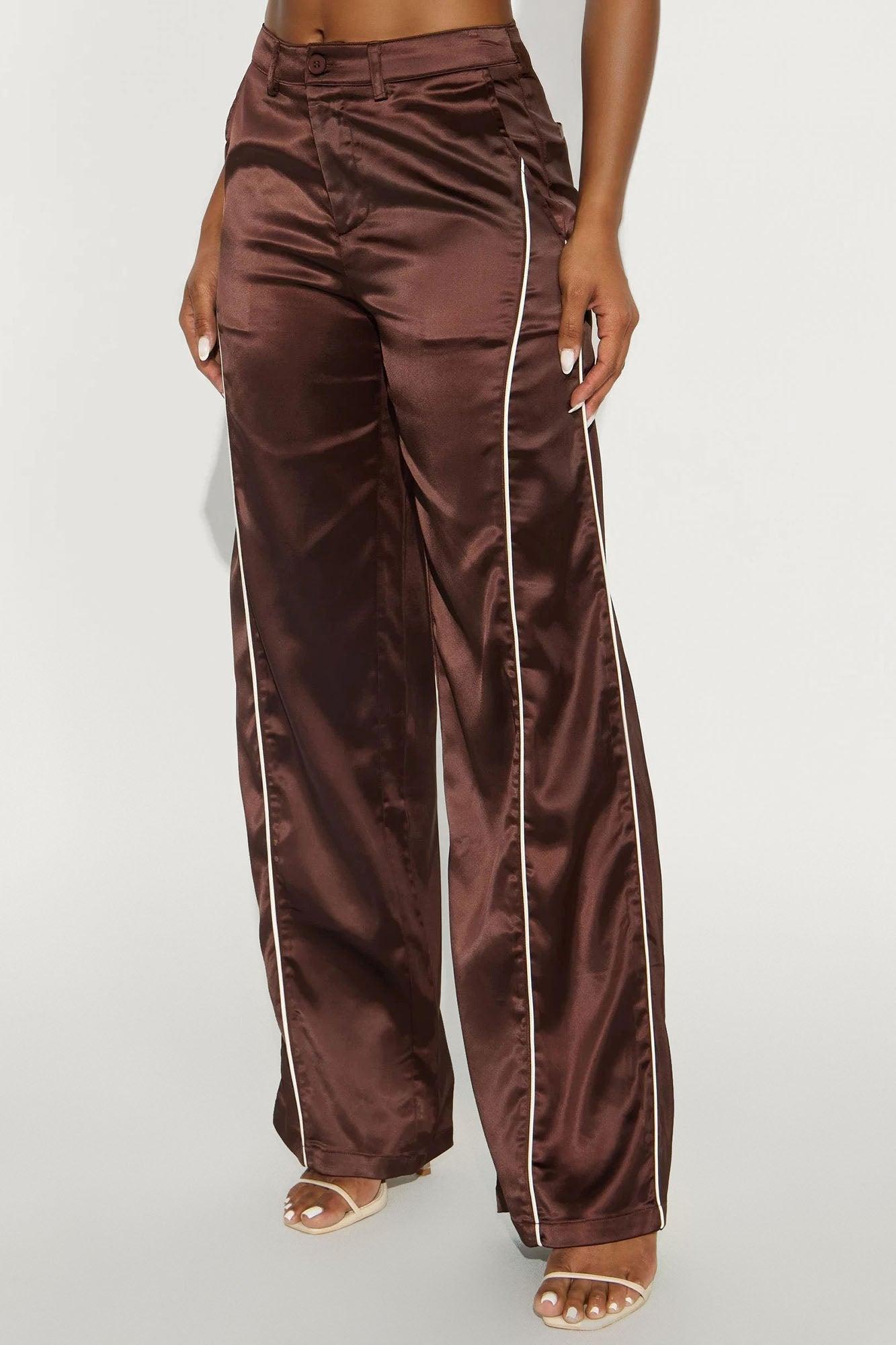 Keep Up With Me Satin Wide Leg Track Pant 33 - Chocolate/Combo Female Product Image
