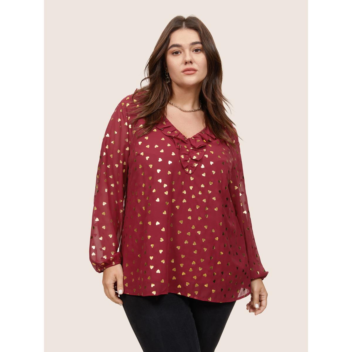 Plus Size Scarlet Glitter Heart Flutters Lantern Sleeve Blouse Women Glamour Long Sleeve V-neck Dailywear Blouses BloomChic 10/M Product Image
