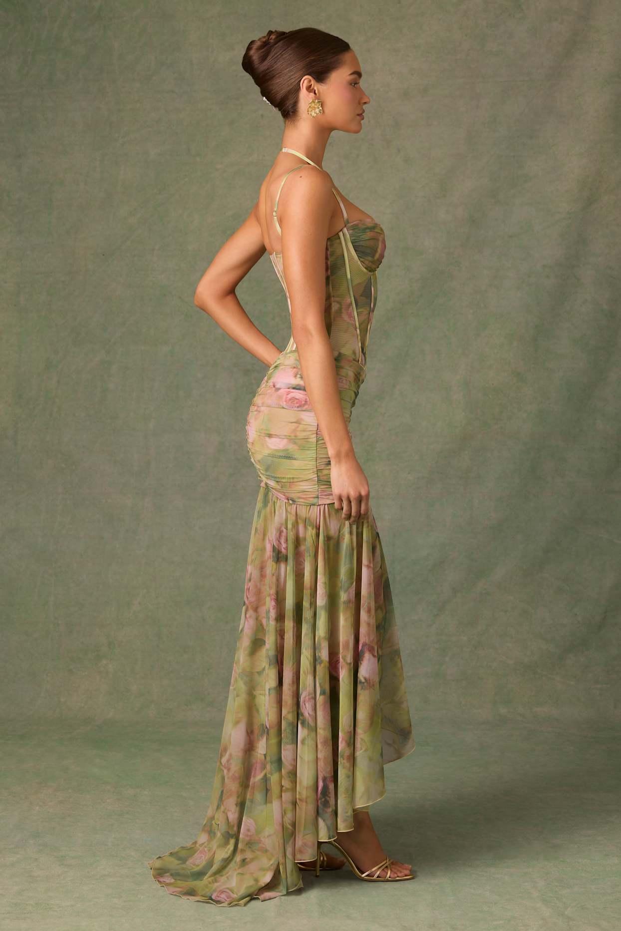Ruched Asymmetric Corset Gown in Floral Multi Print Product Image