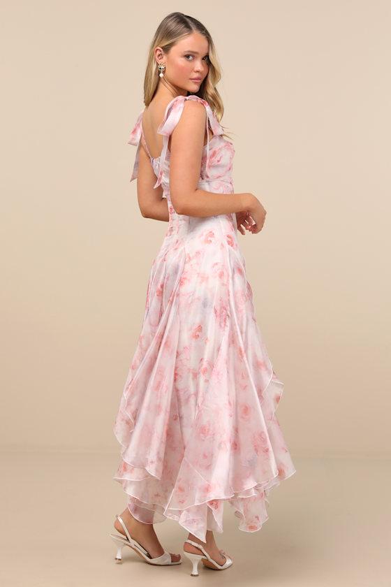 Cliona Blush Pink Floral Pleated Tie-Strap Maxi Dress Product Image