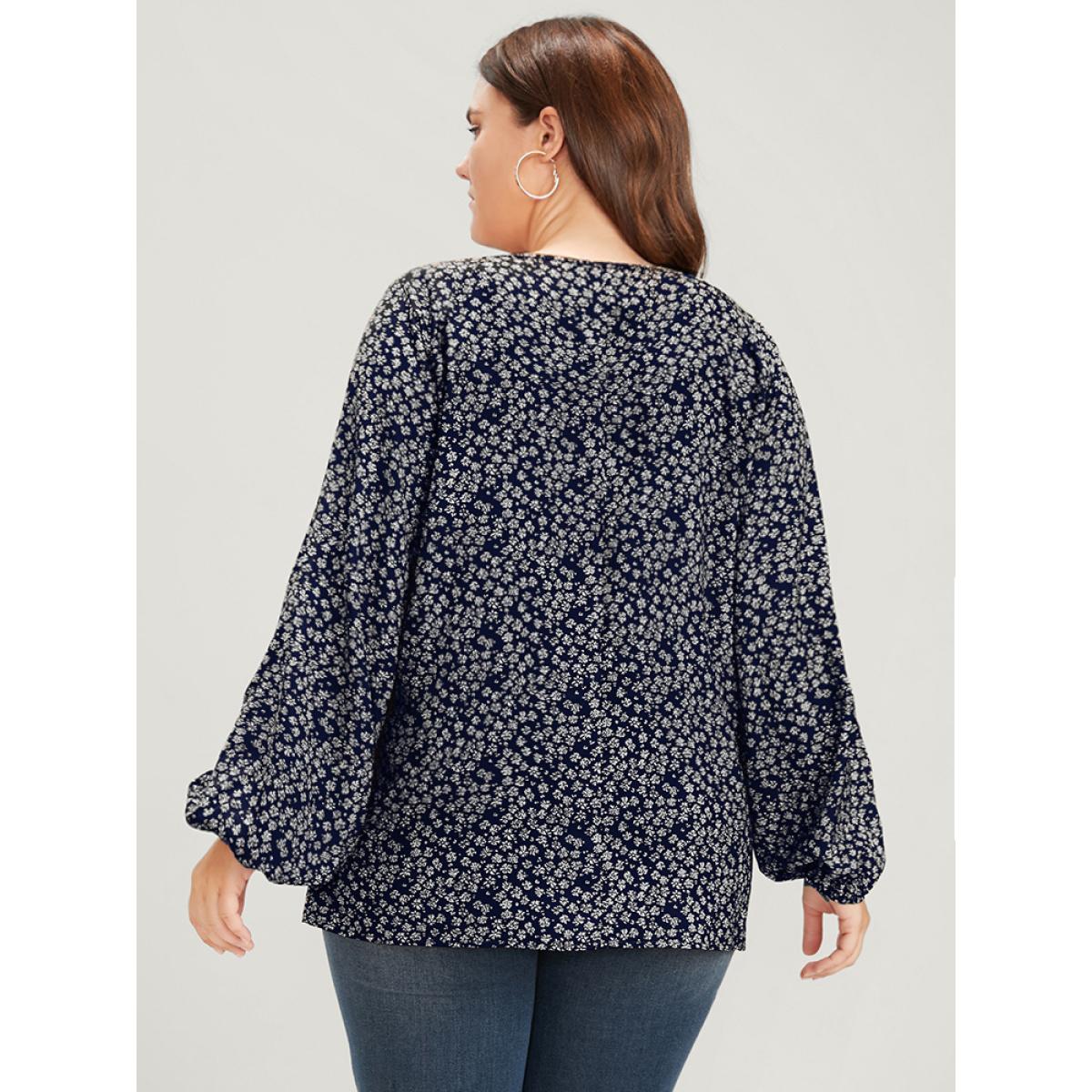 Plus Size DarkBlue Ditsy Floral Lantern Sleeve Ties V Neck Blouse Women Elegant Long Sleeve V-neck Dailywear Blouses BloomChic 30/6X Product Image