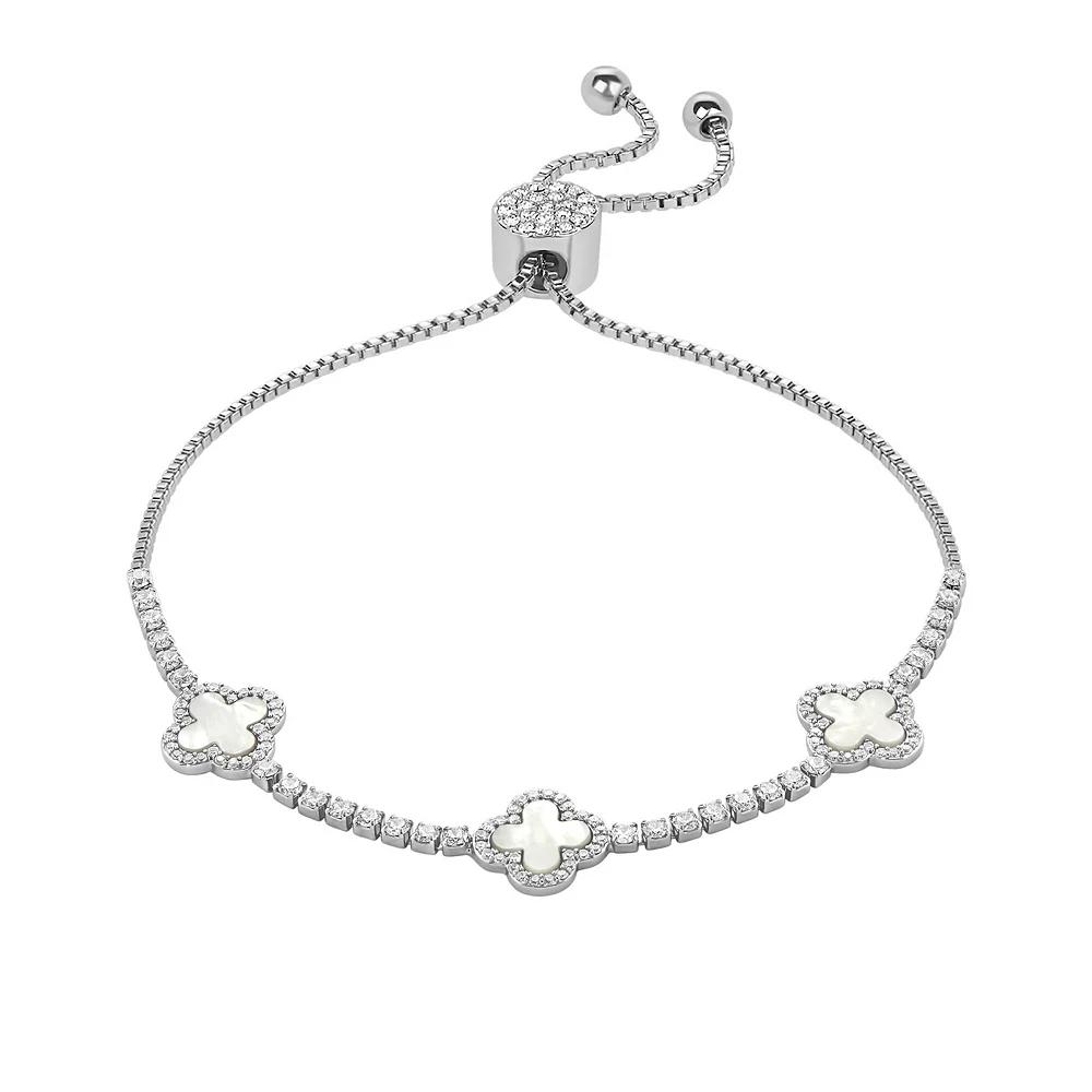 Brilliance Fine Silver Plated Cubic Zirconia and Stone Triple Clover Slider Bracelet, Women's, Size: 4-10" ADJ, Silver Tone White Product Image