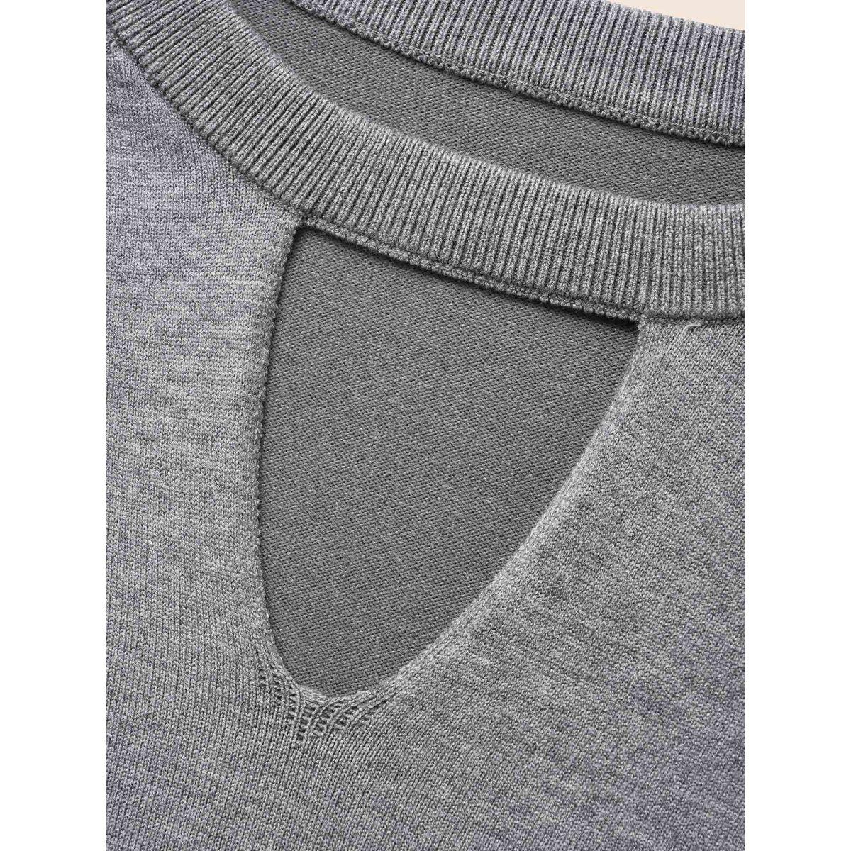 Plus Size Plain Keyhole Puff Sleeve Pullover DarkGray Women Casual Long Sleeve Round Neck Everyday Pullovers BloomChic 28/5X Product Image