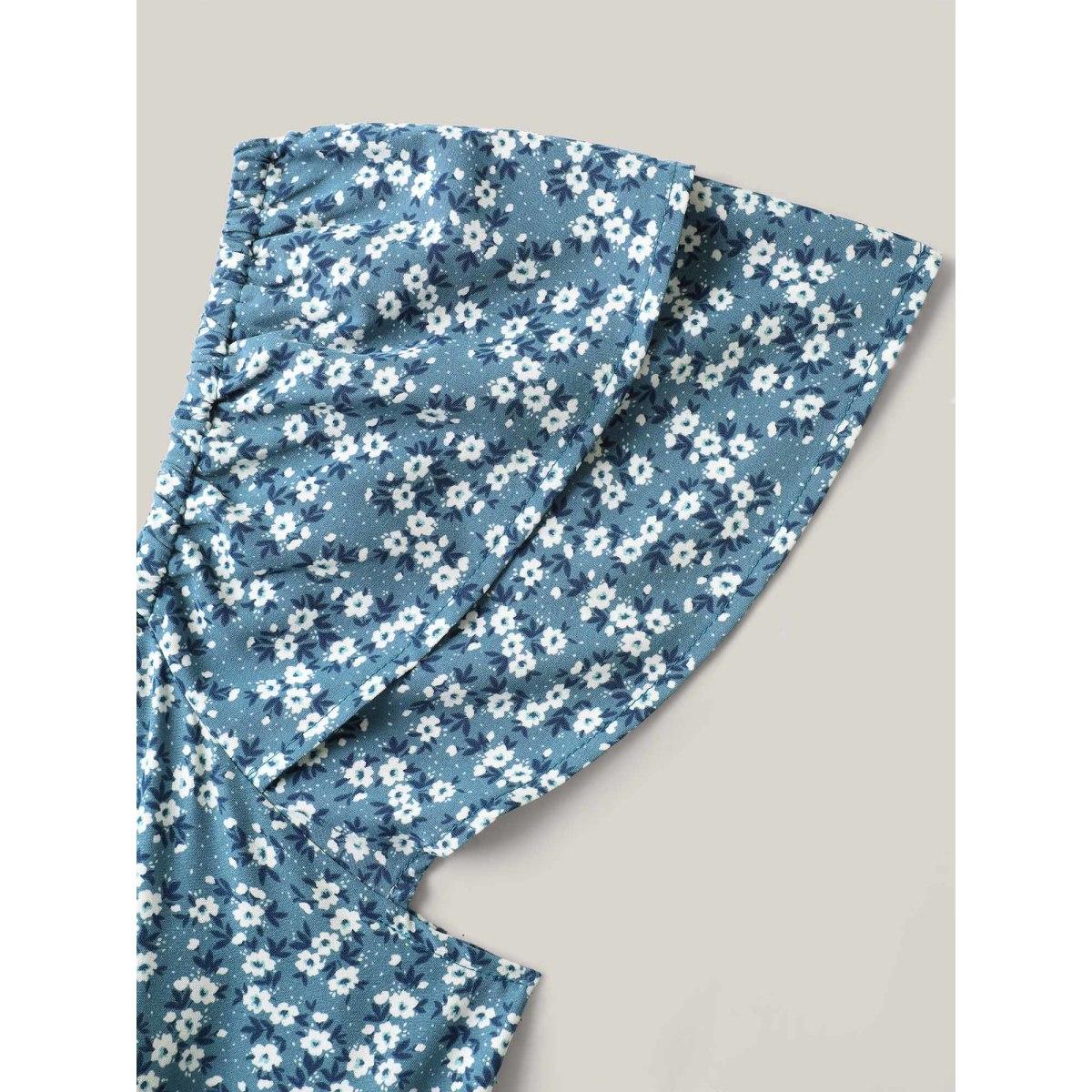 Plus Size Ditsy Floral Print Layered Ruffled Sleeve Dress Aegean Women Heart neckline Cap Sleeve Curvy BloomChic 12/L Product Image