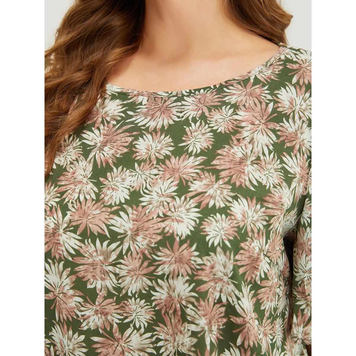 Plus Size Sage Plant Print Tiered Sleeve Lace Hem Blouse Women Vacation Short sleeve Round Neck Dailywear Blouses BloomChic 22-24/3X Product Image
