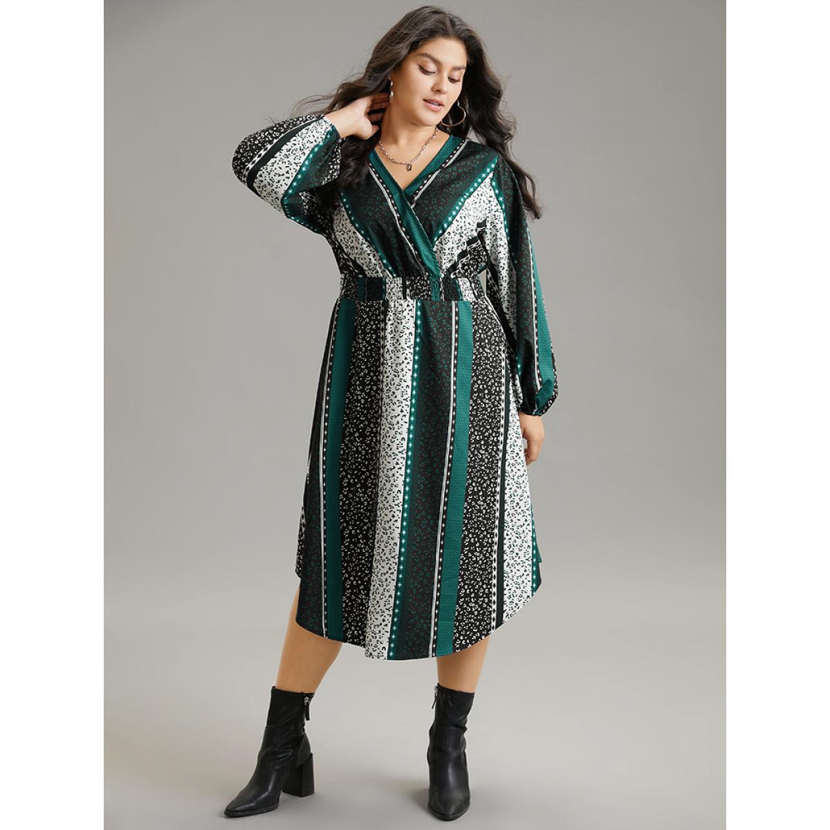 Plus Size Boho Print Striped Shirred Wrap Dress Emerald Women Vacation Elastic cuffs V-neck Long Sleeve Curvy Midi Dress BloomChic 10/M Product Image