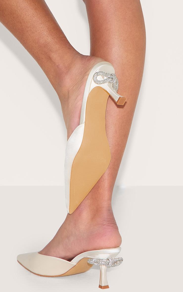 Ivory Satin Point Toe Diamante Bow Low Heeled Mules Product Image