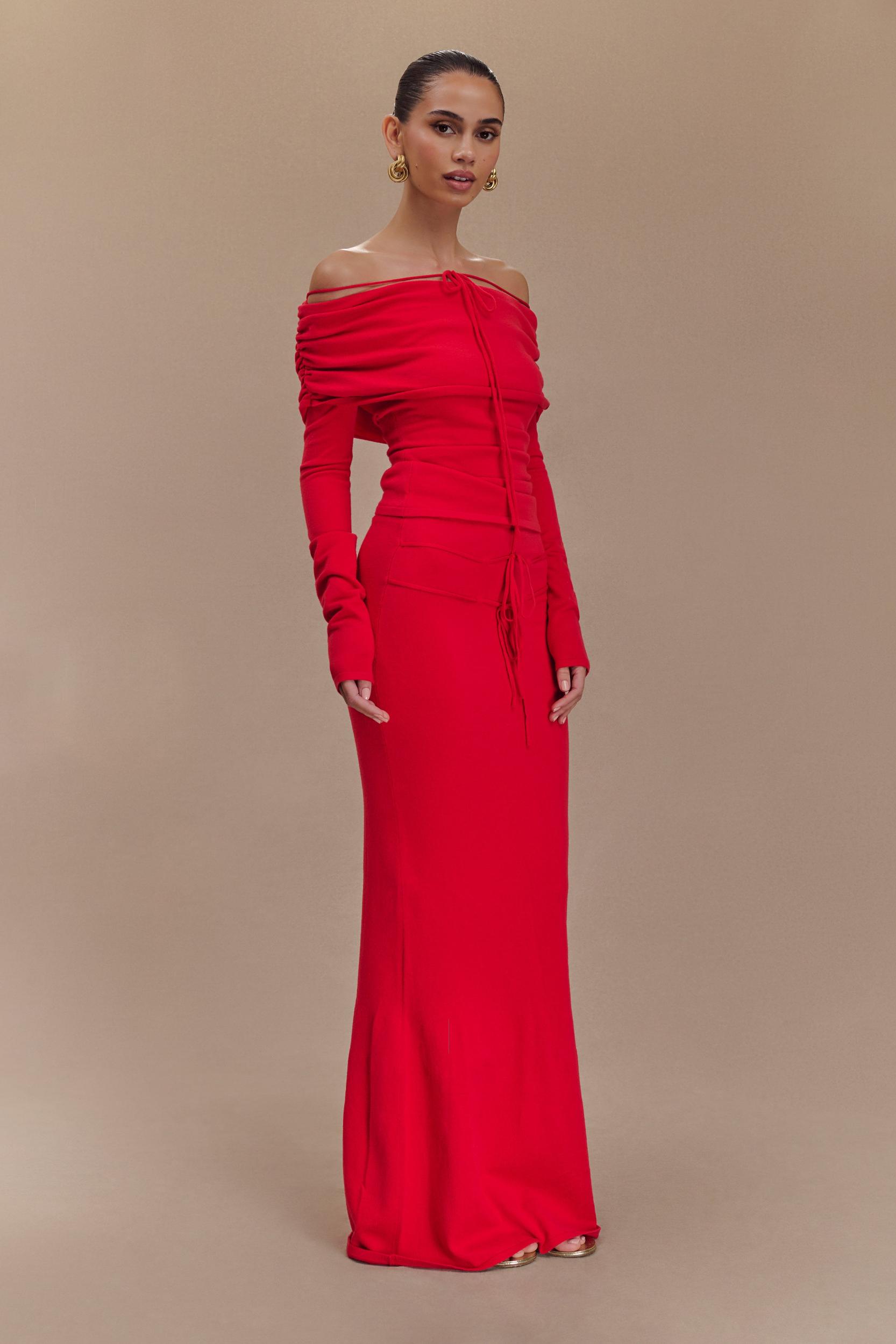 Polly Off Shoulder Long Sleeve Knit Top - Red Product Image