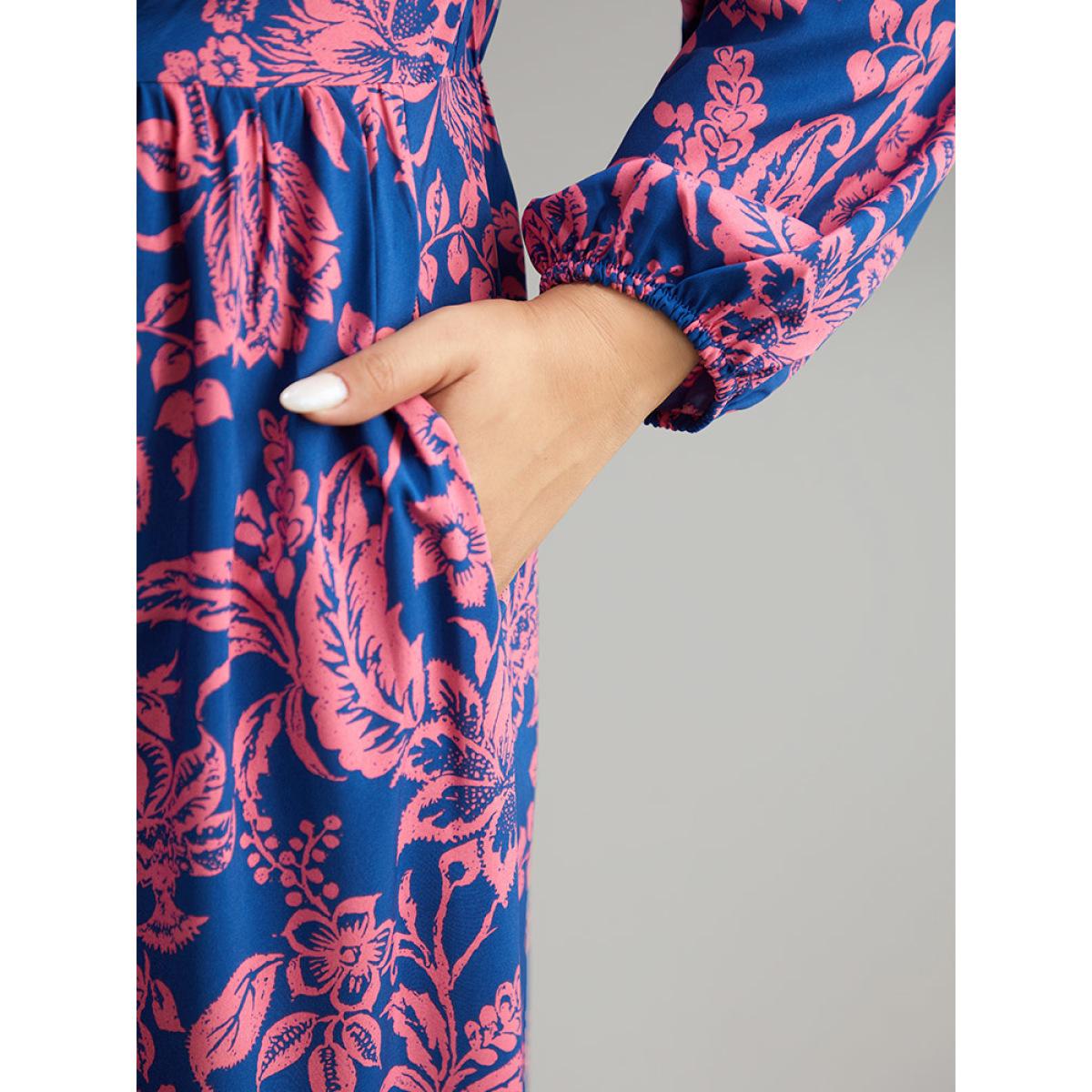 Plus Size Floral Twist Front Pocket Lantern Sleeve Dress DarkBlue Women Vacation Elastic cuffs V-neck Long Sleeve Curvy Midi Dress BloomChic 22-24/3X Product Image