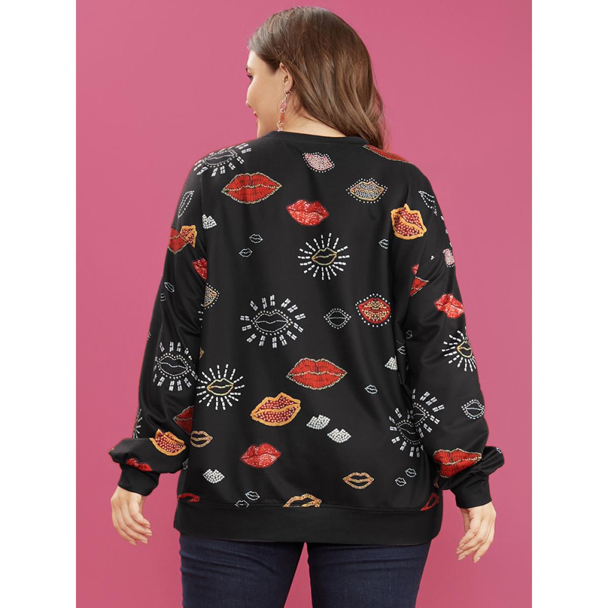 Plus Size Lip Print Split Hem Drop Shoulder Sweatshirt Women Black Casual Slit Round Neck Dailywear Sweatshirts BloomChic 28/5X Product Image