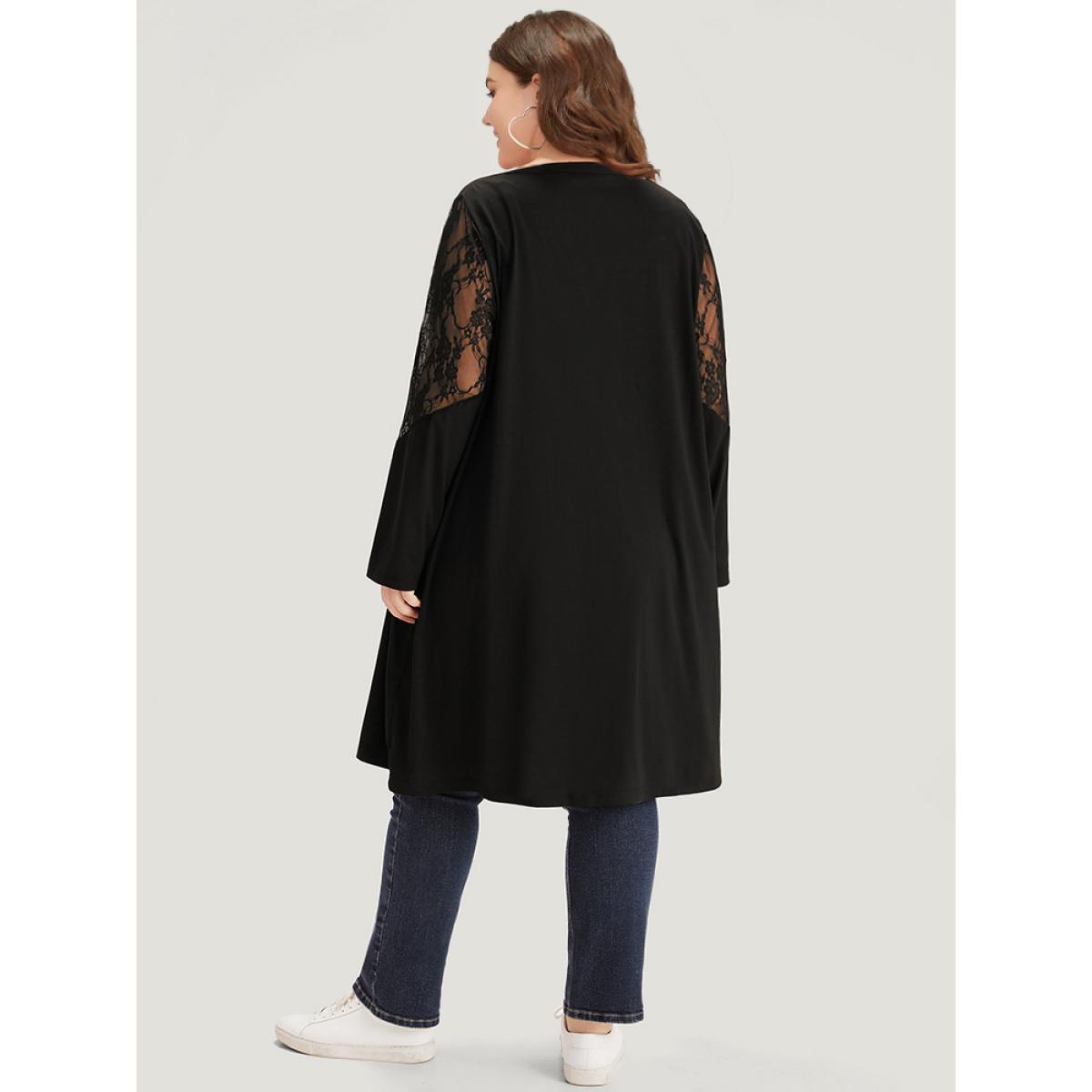 Plus Size Supersoft Essentials Solid Crochet Lace Mesh Drape Open Front Coat Women Black Casual Drape Ladies Dailywear Winter Coats BloomChic 18-20/2X Product Image