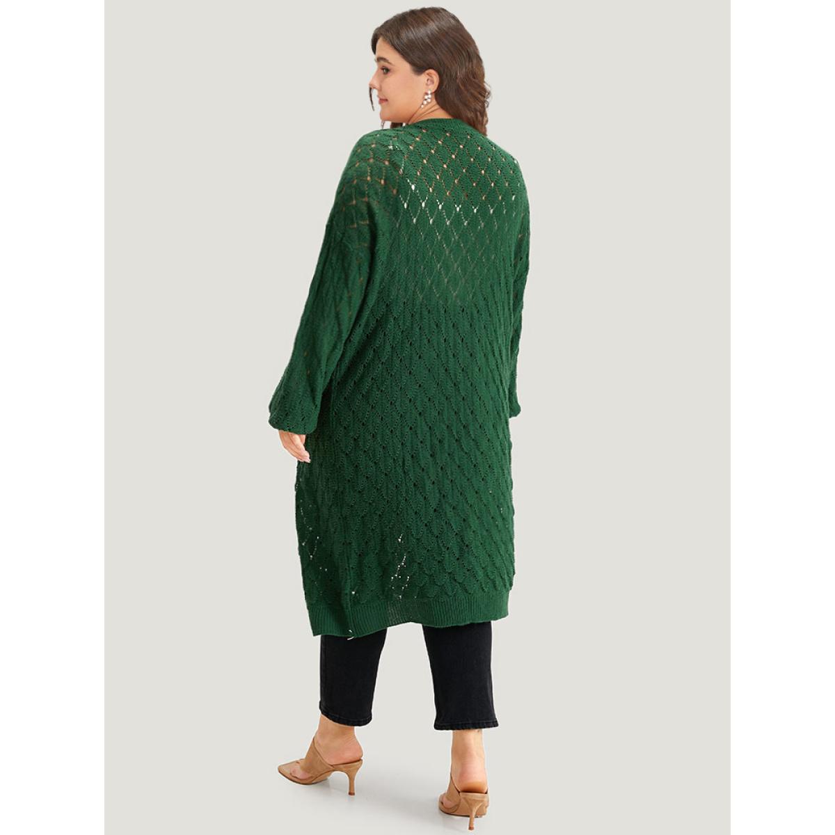 Plus Size Plain Geo Eyelet Drop Shoulder Maxi Cardigan Emerald Women Casual Loose Long Sleeve Dailywear Cardigans BloomChic 30/6X Product Image