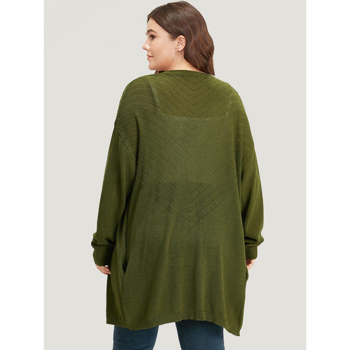Plus Size Plain Pocket Open Front Cardigan ArmyGreen Women Casual Loose Long Sleeve Dailywear Cardigans BloomChic 28/5X Product Image