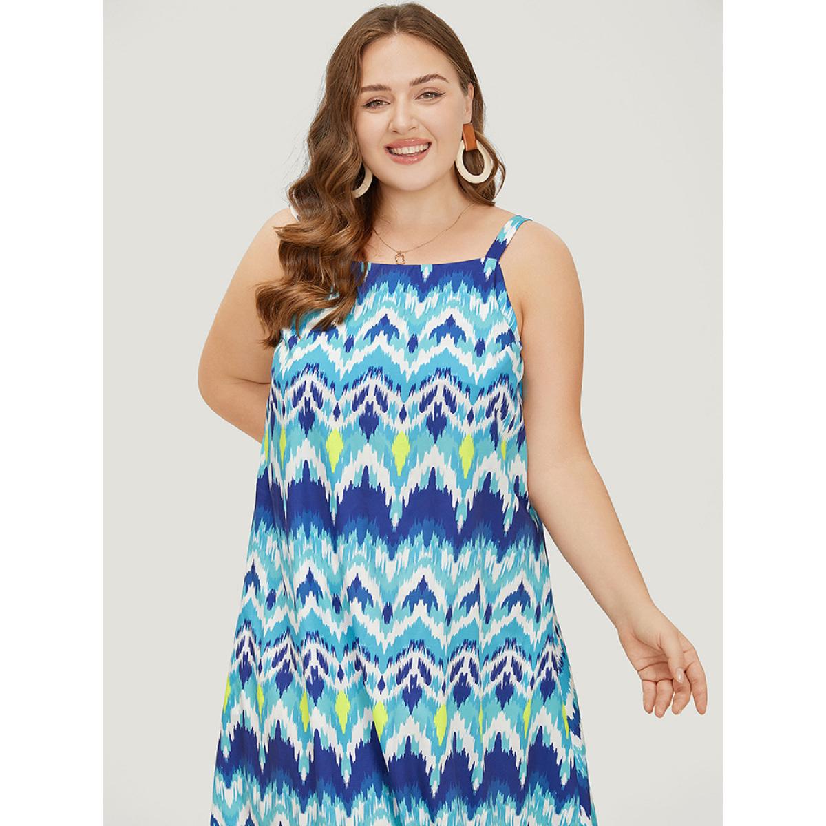 Plus Size Bandana Geometric Ruffles Hem Pocket Spaghetti Strap Dress LightBlue Women Vacation Spaghetti Strap Sleeveless Curvy Midi Dress BloomChic 28/5X Product Image