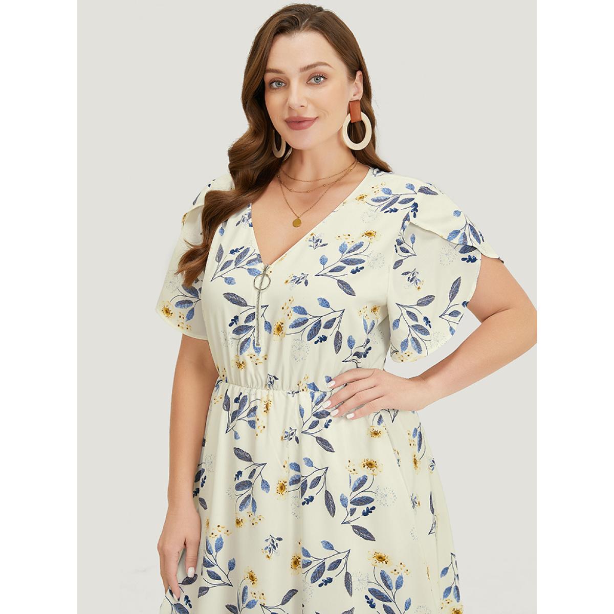 Plus Size Floral Arc Hem Pocket Split Petal Sleeve Zip Up Dress Ivory Women Office Lined V-neck Short sleeve Curvy Midi Dress BloomChic 14-16/1X Product Image