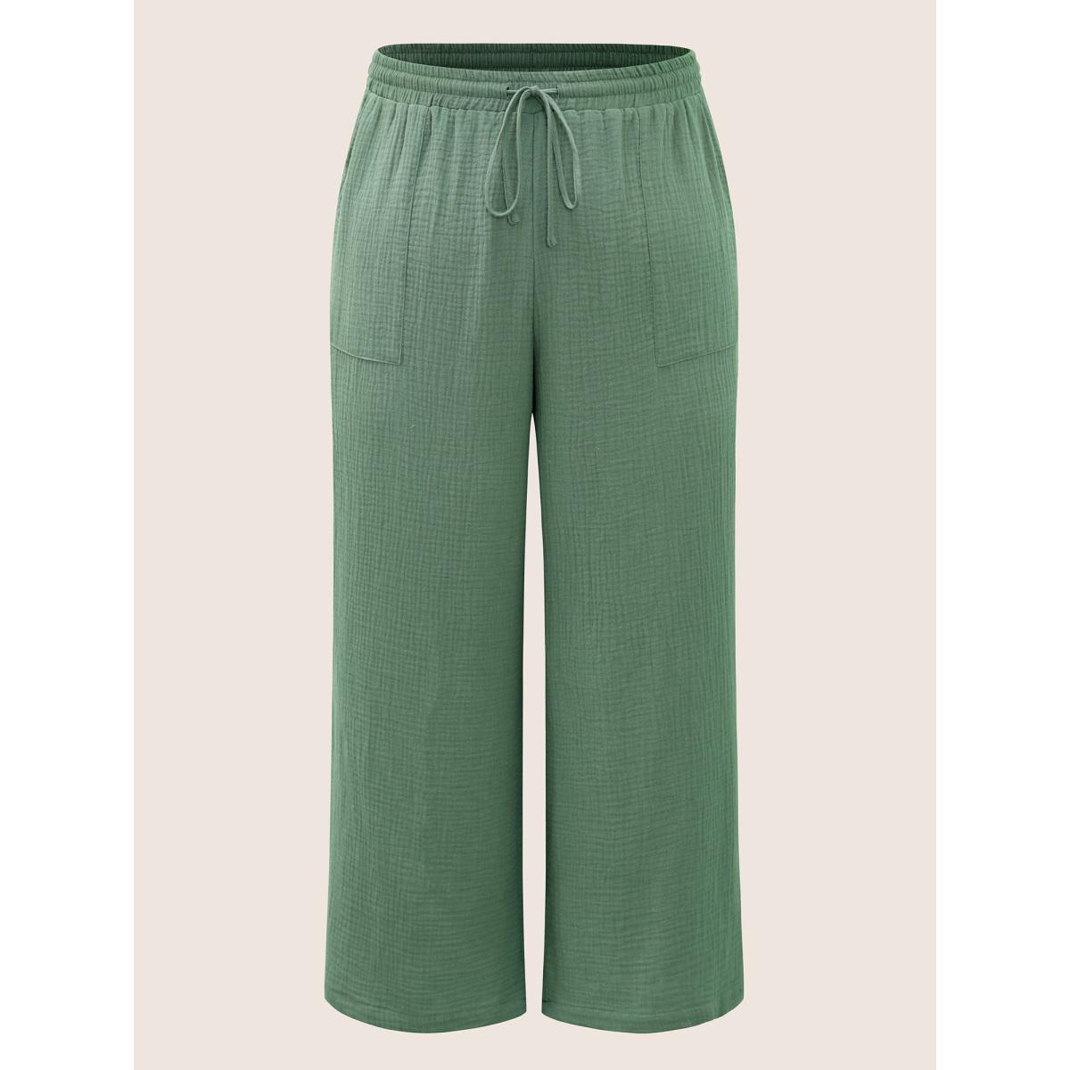 Plus Size Plain Textured Drawstring Wide Leg Pants Women Emerald Casual Wide Leg Mid Rise Everyday Pants BloomChic 10/M Product Image