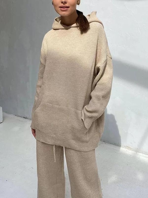 Loose Solid Color Round-Neck Hooded Long Sleeves Sweater Top + Drawstring Pants Bottom Two Pieces Set Product Image