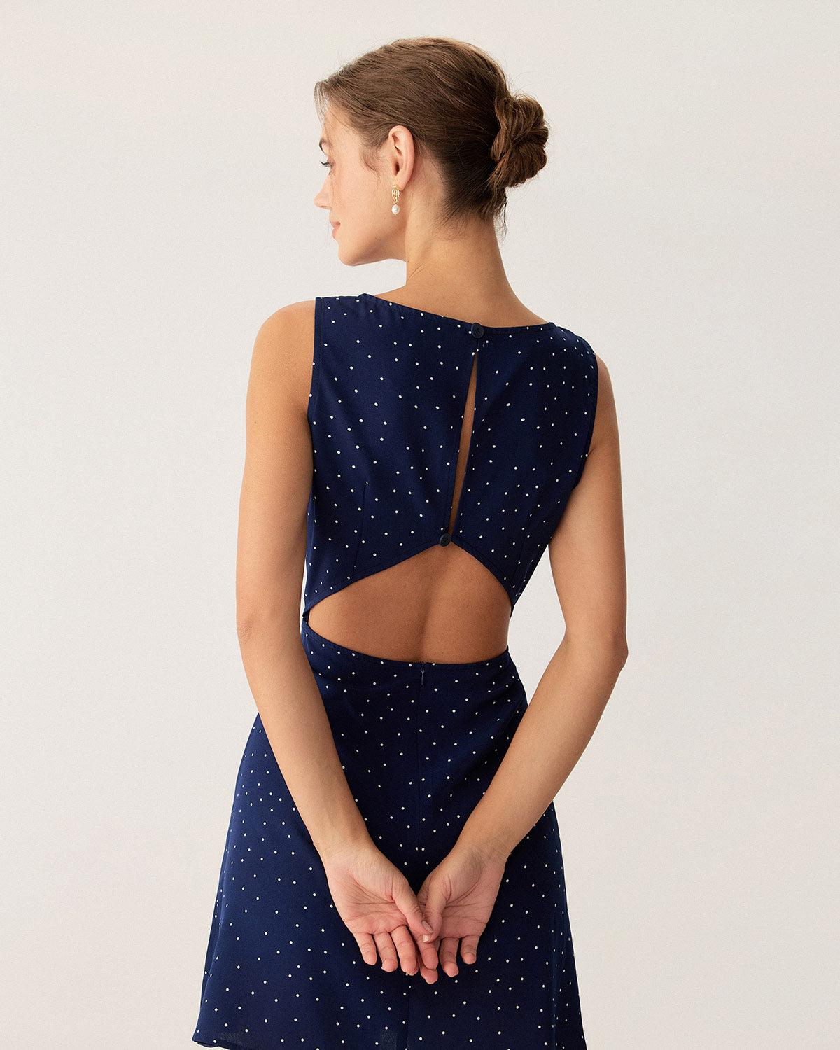 Blue Polka Dot Sleeveless Cut Out Mini Dress Product Image
