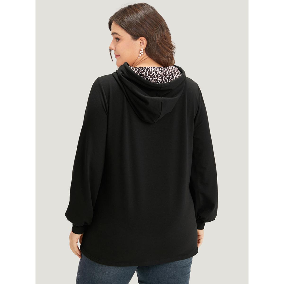 Plus Size Leopard Patchwork Contrast Hooded Drawstring Sweatshirt Women Black Casual Elastic cuffs Hooded Dailywear Sweatshirts BloomChic 26/4X Product Image