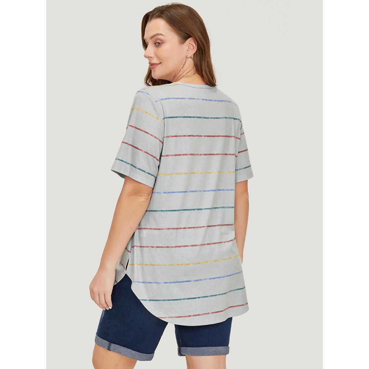 Plus Size Rainbow Striped Arc Hem T-shirt Gray Women Casual Contrast Striped Round Neck Dailywear T-shirts BloomChic 28/5X Product Image
