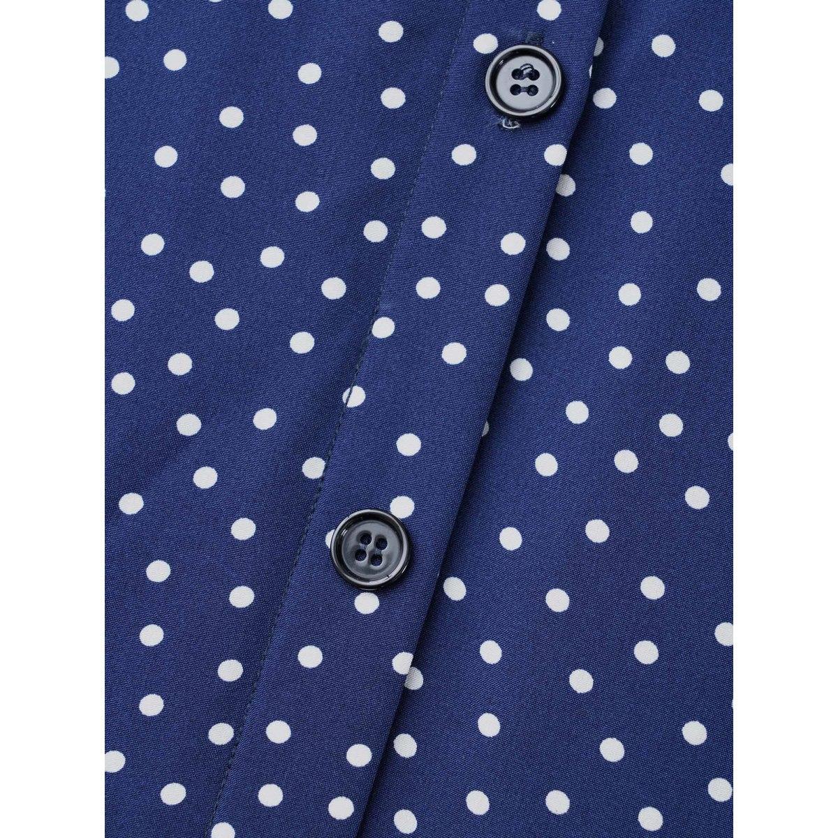 Plus Size Polka Dot Shirt Collar Belted Dress DarkBlue Women At the Office Belted Shirt collar Elbow-length sleeve Curvy BloomChic 30/6X Product Image