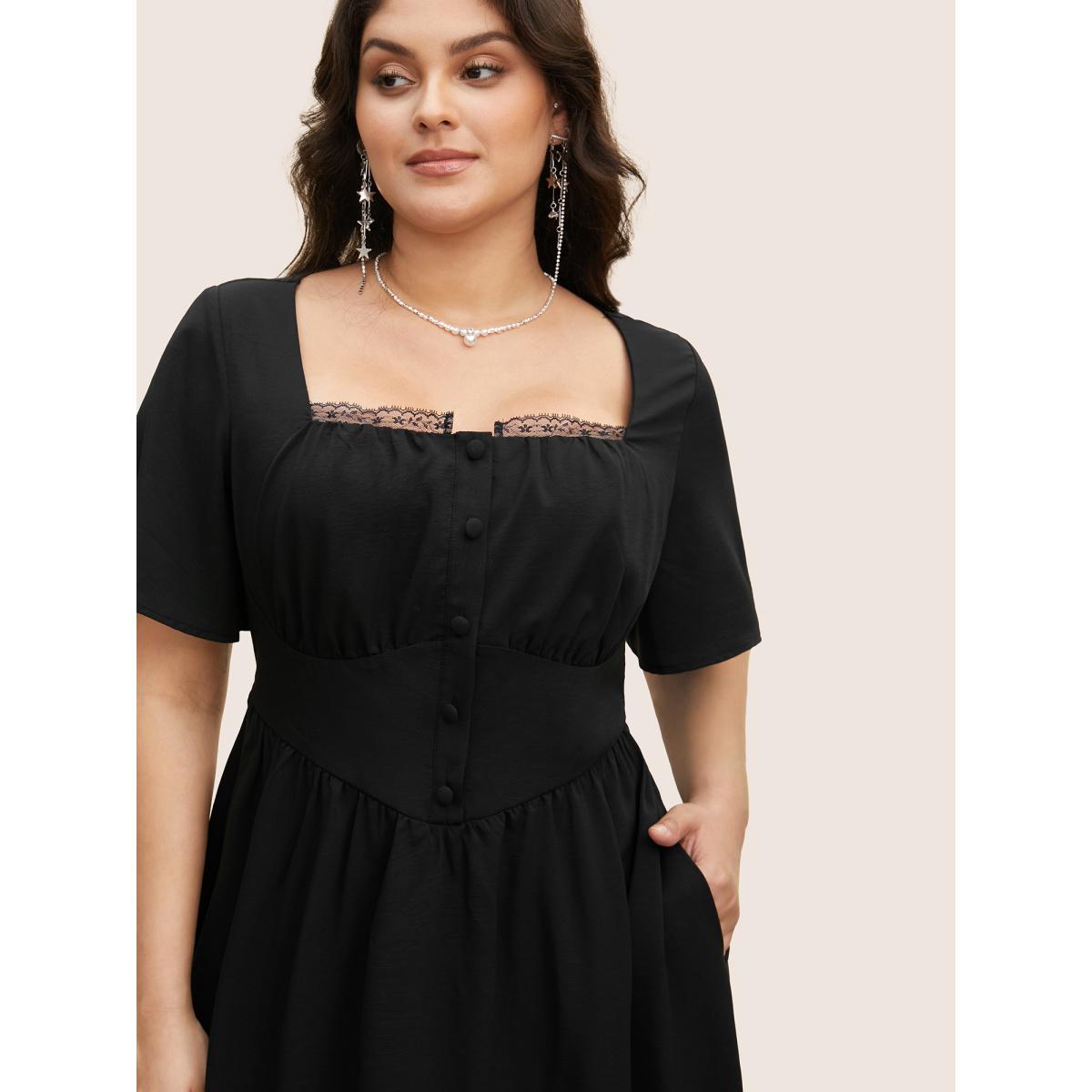 Plus Size Square Neck Guipure Lace Ruffle Sleeve Dress Black Women Elegant Non Square Neck Short sleeve Curvy BloomChic 18-20/2X Product Image