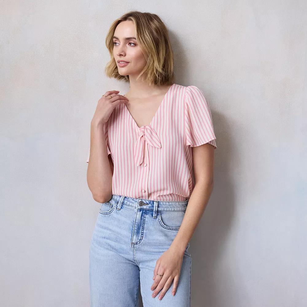 Women's LC Lauren Conrad Tie Front Flutter Sleeve Woven Top, Size: XXL, Pink Picnic Stripe Product Image