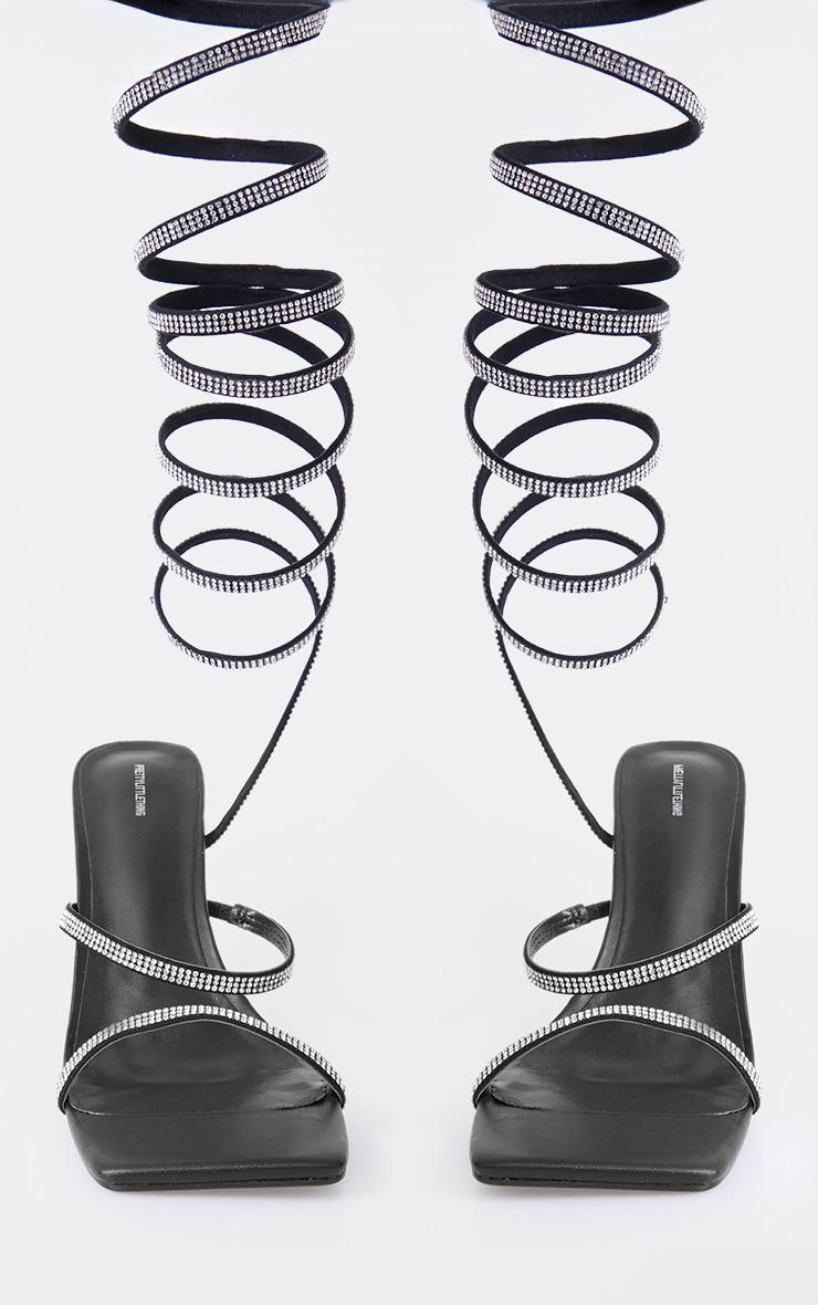 Black PU Square Toe Diamante Spiral Mid Stiletto Heeled Sandals Product Image