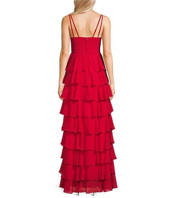 B. Darlin Chiffon Double Spaghetti Strap V-Neck Tiered Ruffle Long Dress Product Image