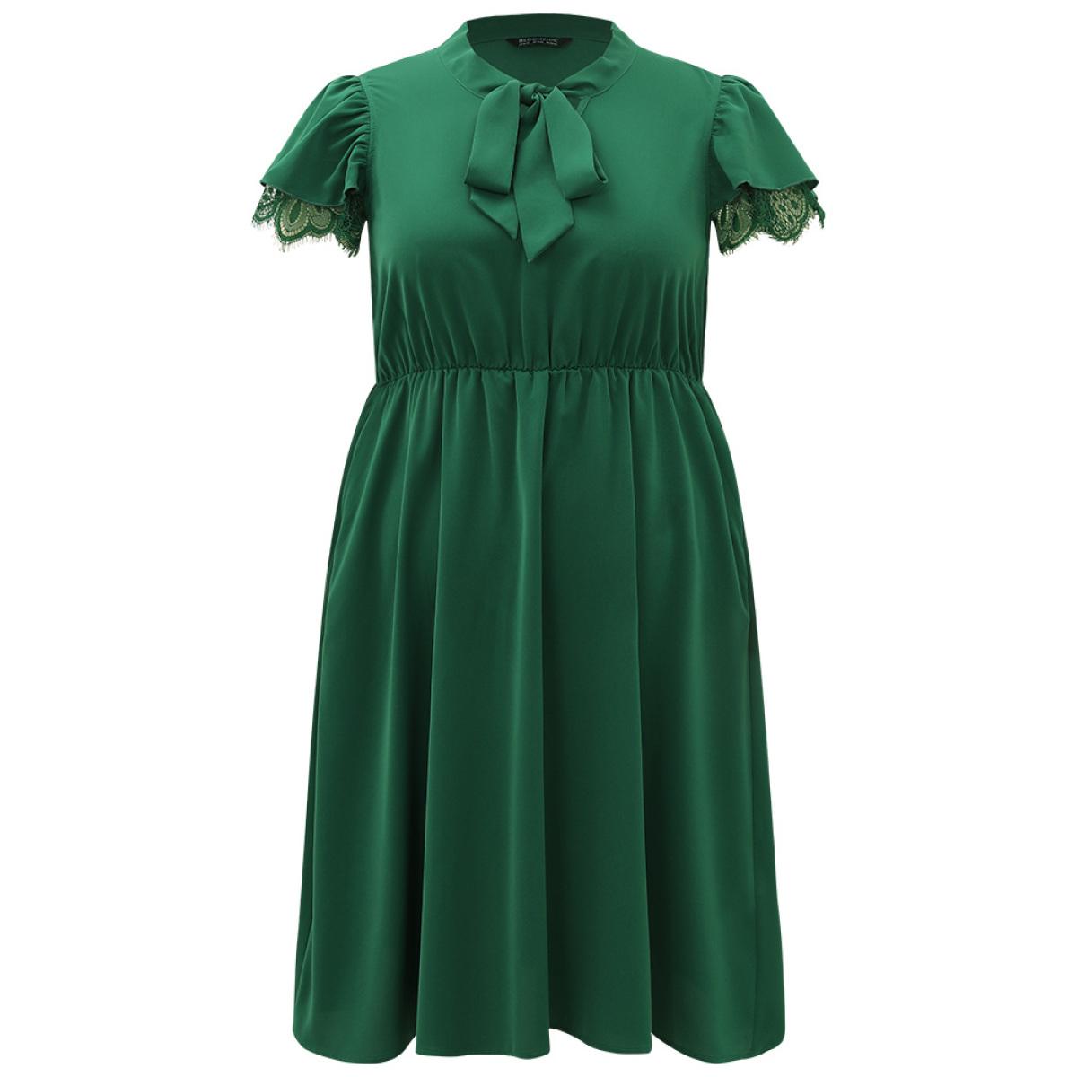 Plus Size Solid Knot Neck Pocket Eyelet Lace Dress Green Women Office Plain Tie Neck Sleeveless Curvy Midi Dress BloomChic 22-24/3X Product Image