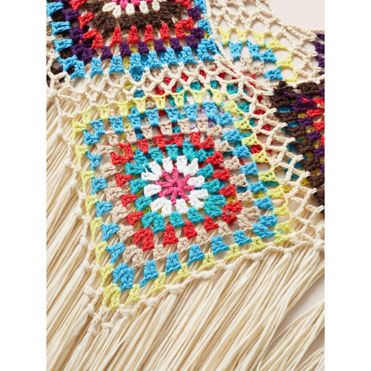 Plus Size Geometric Crochet Fringe Hem Swim Cover Up Women's Swimwear Apricot Beach Texture Curve Swim Cover Ups BloomChic 12/L Product Image