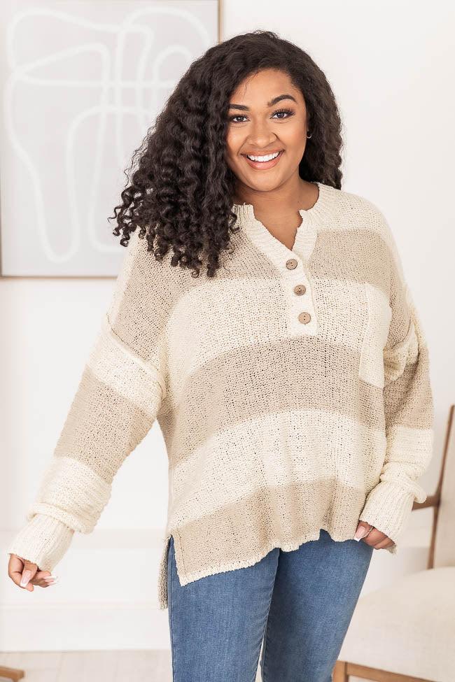 Know You Best Beige Oversized Striped Henley Sweater Product Image