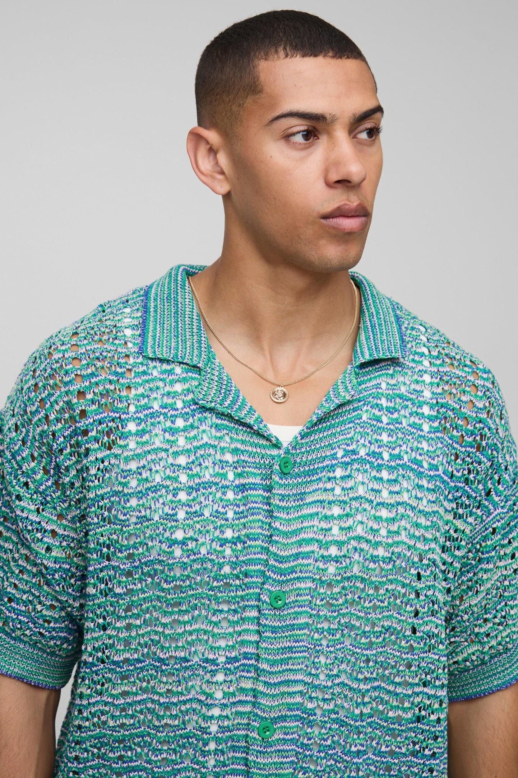 Boxy Revere Ombre Texture Knitted Shirt | boohooMAN USA Product Image