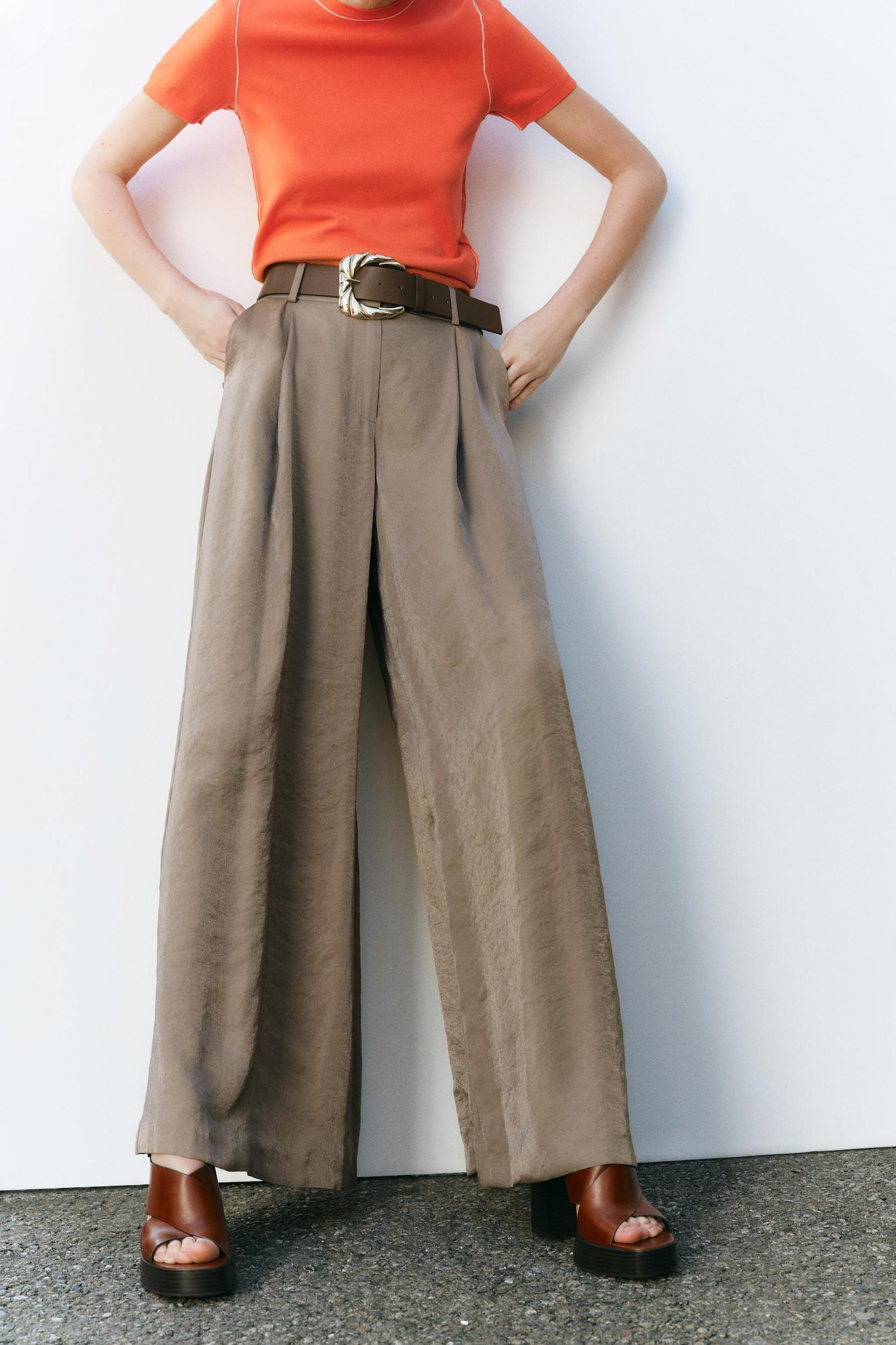 SATIN WIDE-LEG BELTED PANTS Product Image