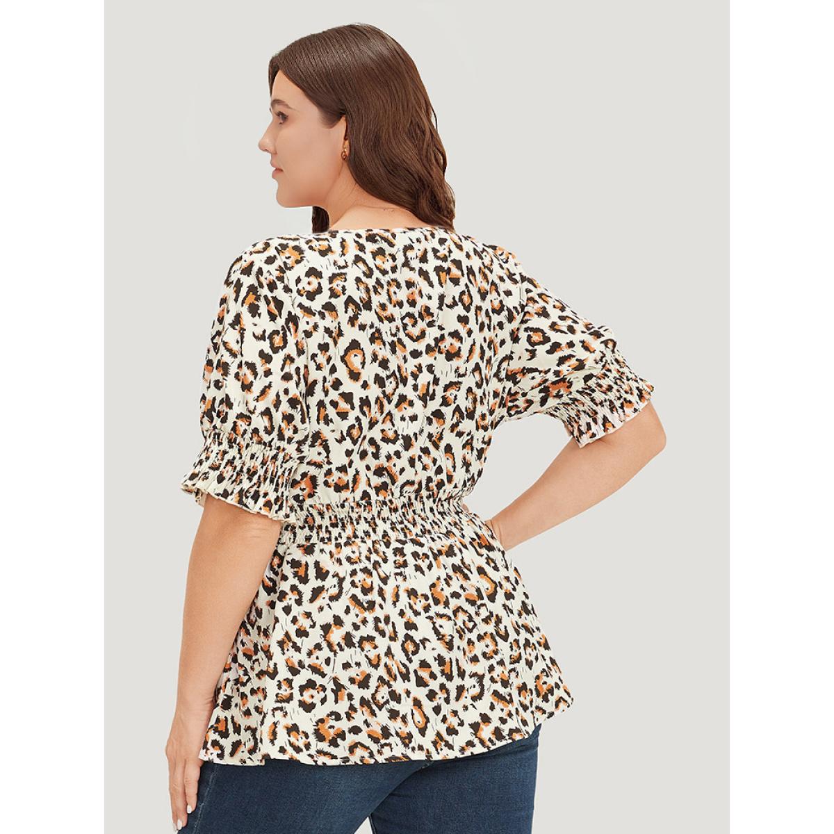 Plus Size Beige Leopard Print Shirred Puff Sleeve Ruffle Sleeve Blouse Women Glamour Short sleeve V-neck Going out Blouses BloomChic 10/M Product Image