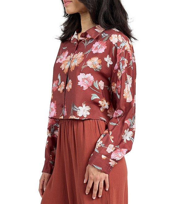 Sadie & Sage Floral Wine Button Front Cropped Shirt Product Image