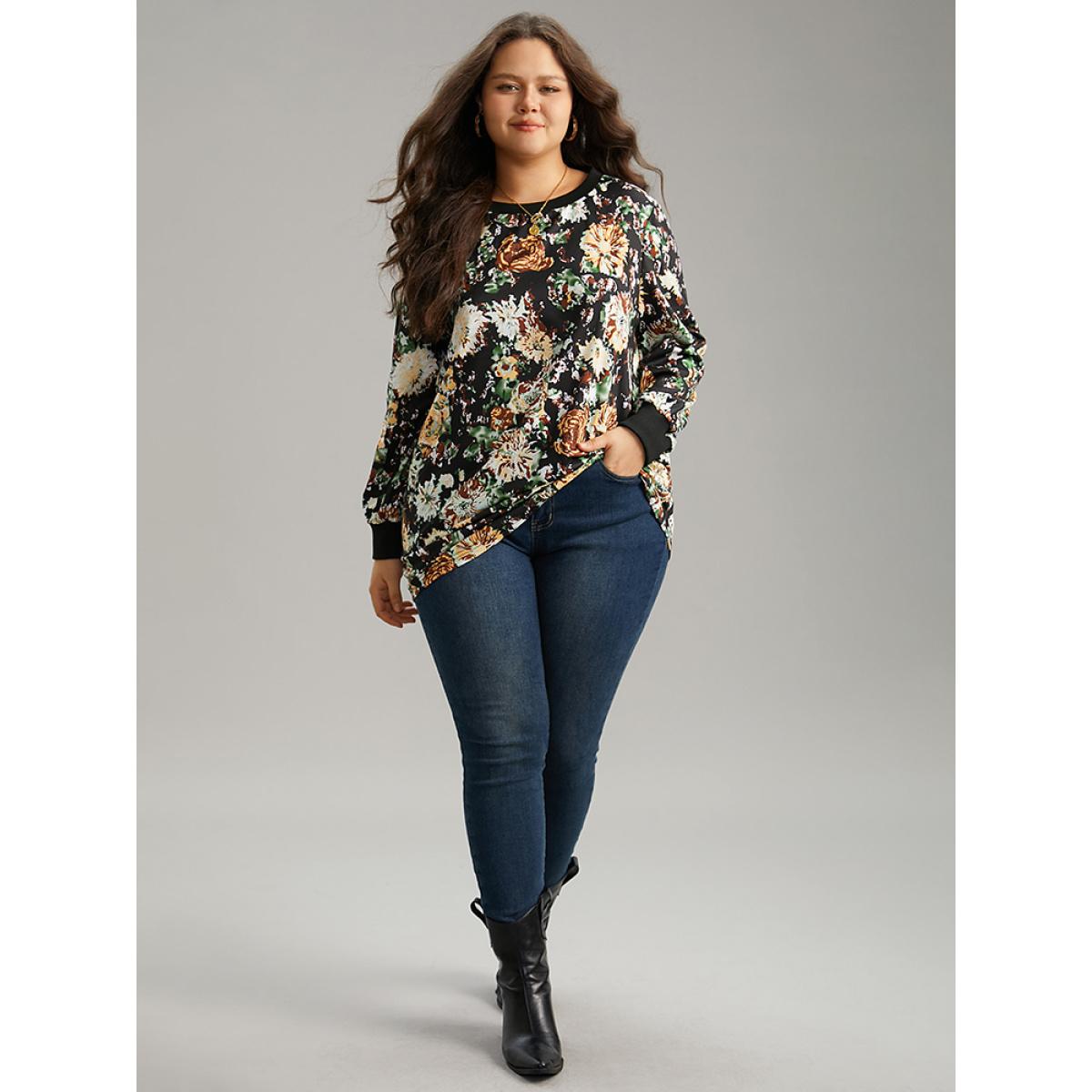 Plus Size Floral Print Elastic Cuffs Sweatshirt Women Black Elegant Printed Round Neck Dailywear Sweatshirts BloomChic 12/L Product Image