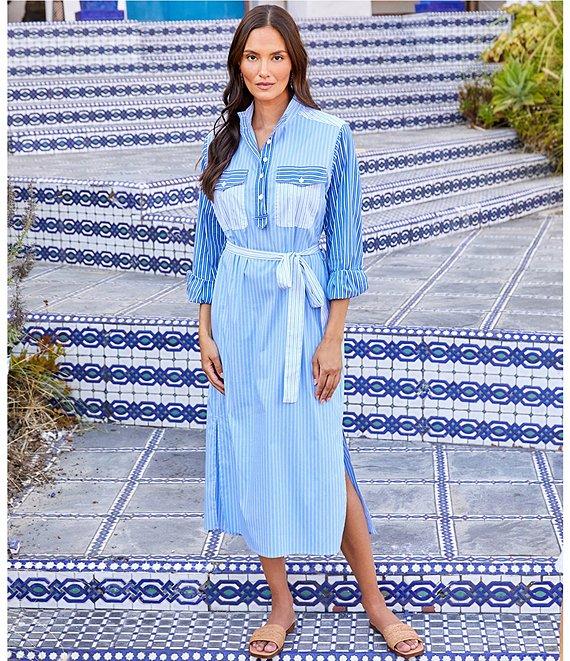 Karen Kane Mixed Stripe Roll Sleeve Midi Shirtdress Product Image