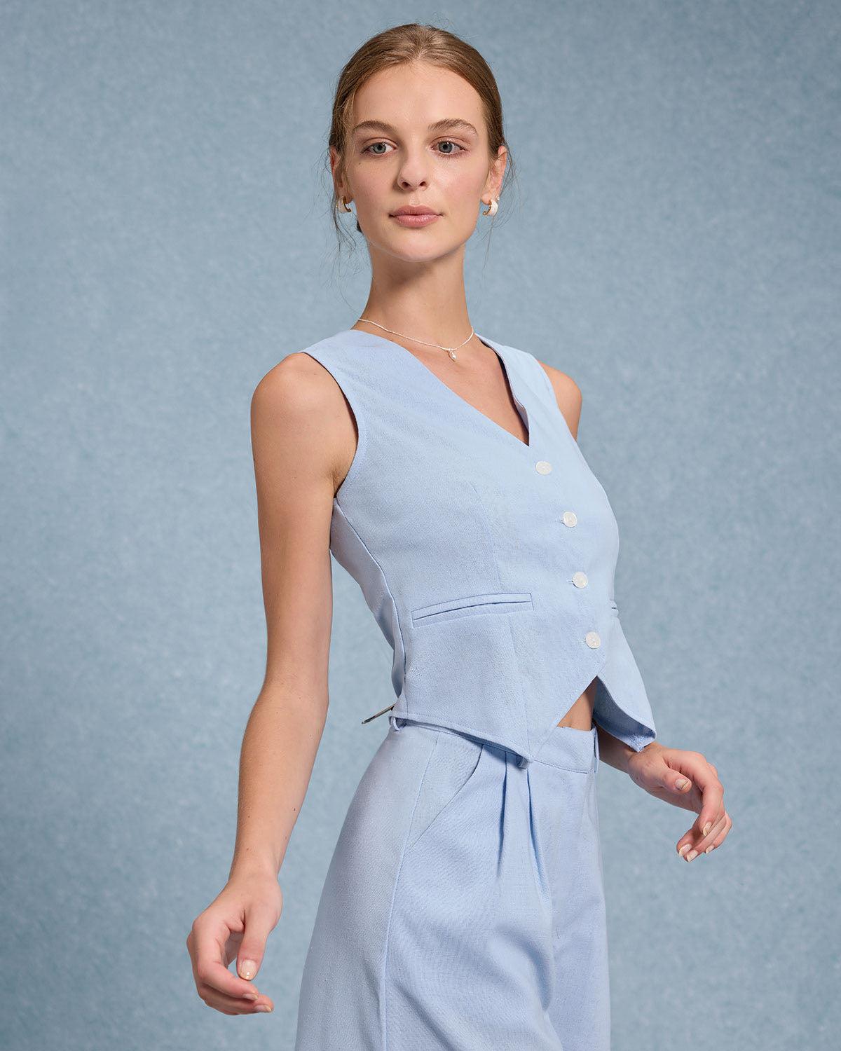 Blue V-Neck Vest Shorts Two-Piece Set Product Image