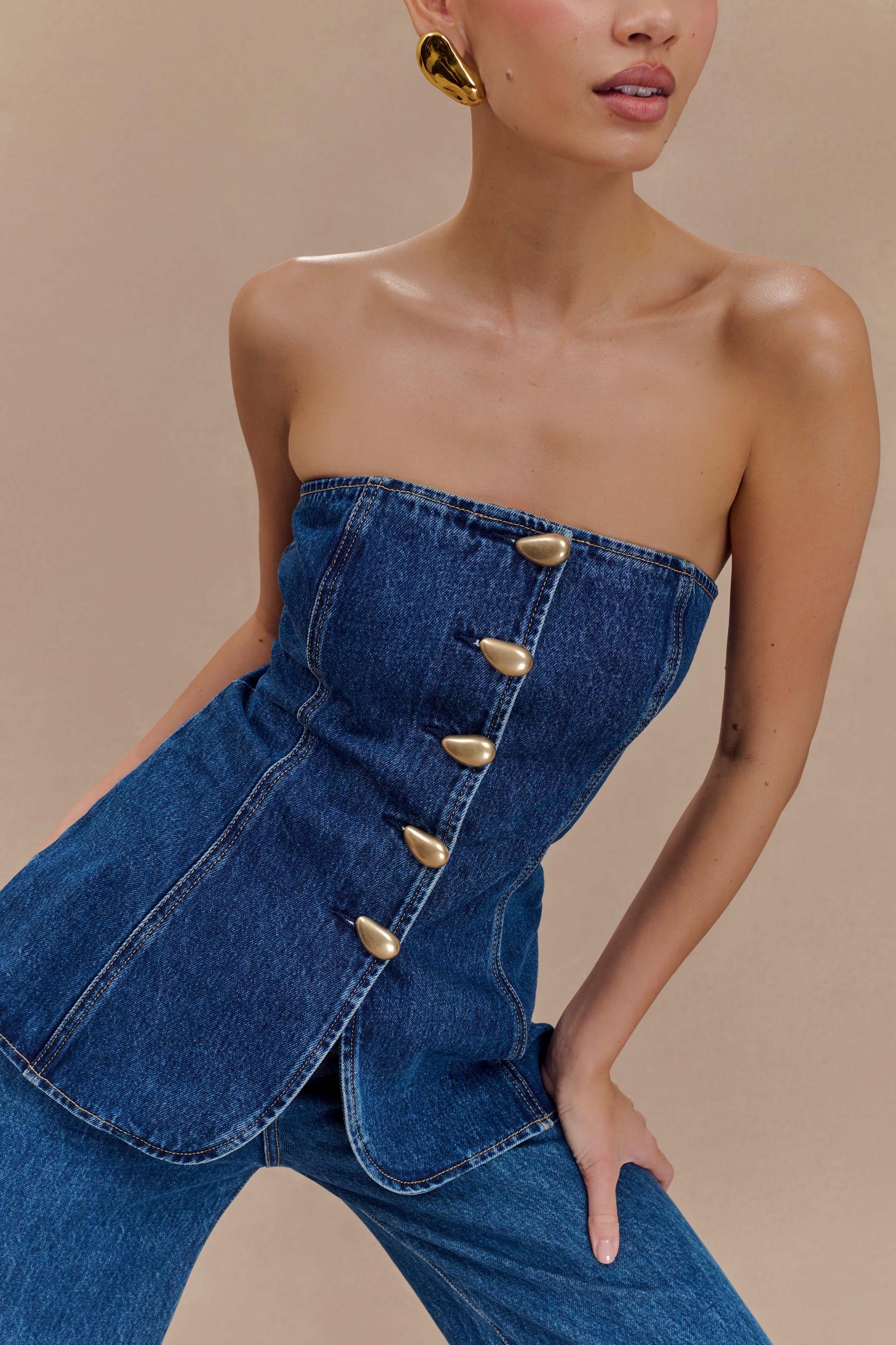 Lennox Strapless Long Line Button Top - Dark Blue Product Image