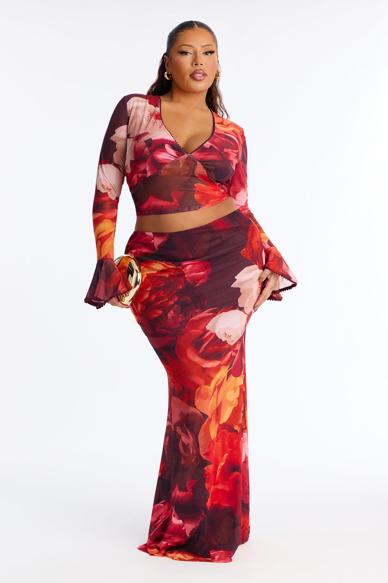 Wild Rose Mesh Maxi Skirt Set - Red Female Product Image