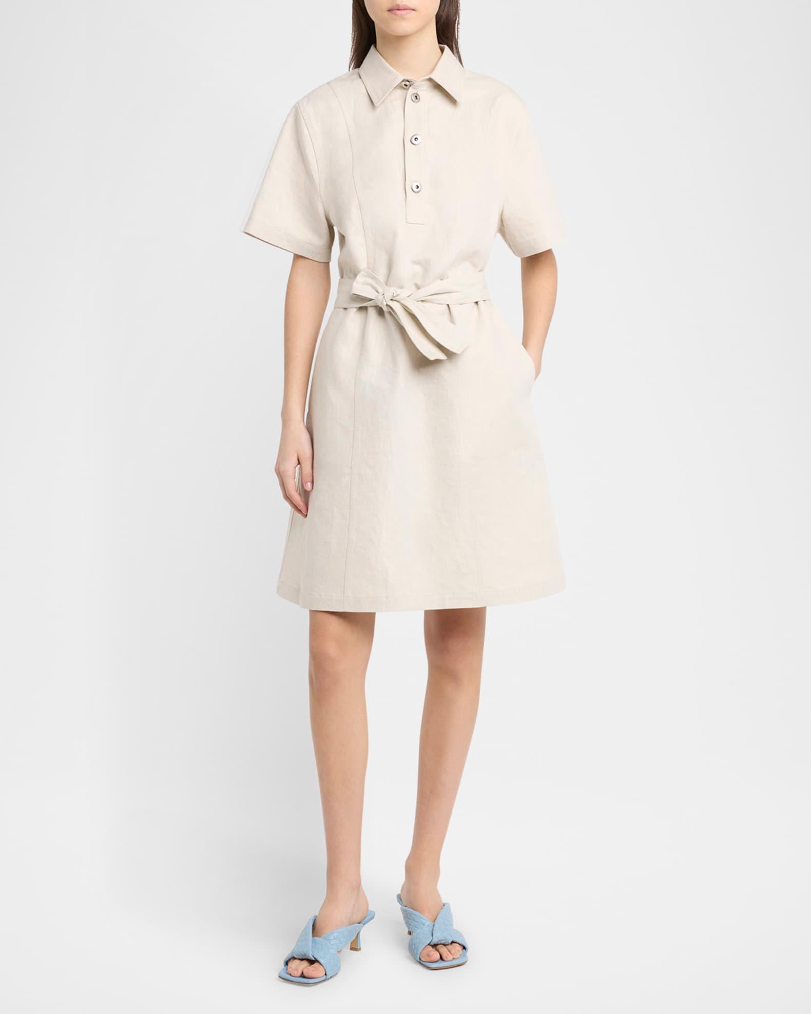 Short-Sleeve Belted Cotton-Linen Twill Mini Shirtdress Product Image