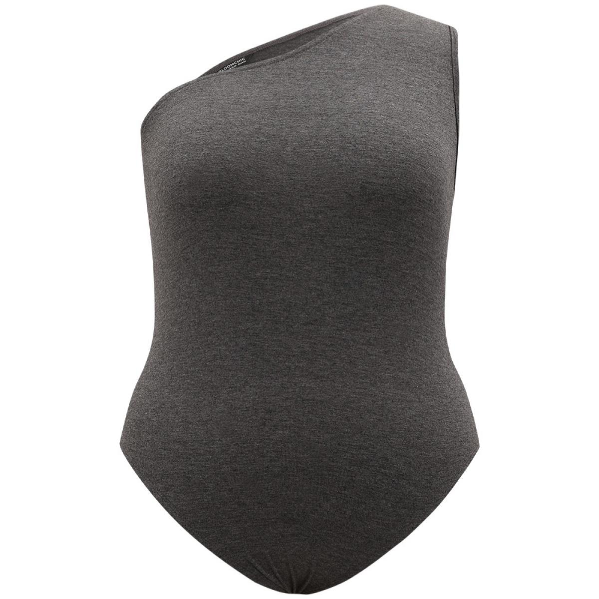 Plus Size Plain One Shoulder Slightly Stretchy Bodysuit Women DimGray Plain Plain Bodysuits BloomChic 22-24/3X Product Image