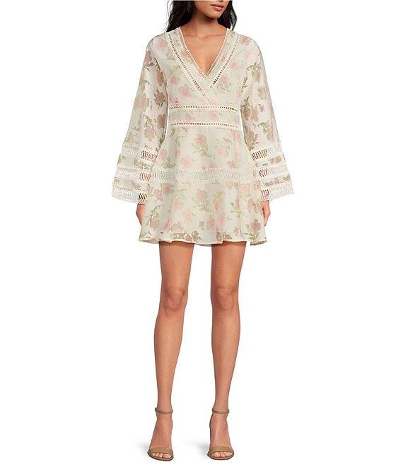Layered With Love Blair Floral Burnout Jacquard V Neck Long Sleeve A-Line Mini Dress Product Image