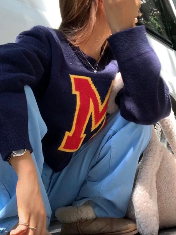 Contrast Color Letter Jacquard Knit Sweater Product Image